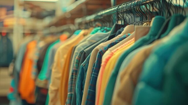Rows of bright, patterned coats on hangers against wall background in retail setting.