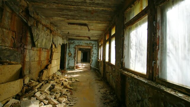 footage captures the decaying interior of an abandoned school in Pripyat, Ukraine, within the Chernobyl Exclusion Zone. Sunlight streams through grimy, broken windows illuminating the desolate corrido