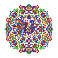 Vibrant floral design, meticulously detailed, featuring a rooster in the center, surrounded by intricate floral motifs.