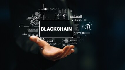 Obraz premium Hand Holding Blockchain Concept with Digital Graphics and Technology Icons Representing Innovation and Data Management. Asymptotic smart data analytic.