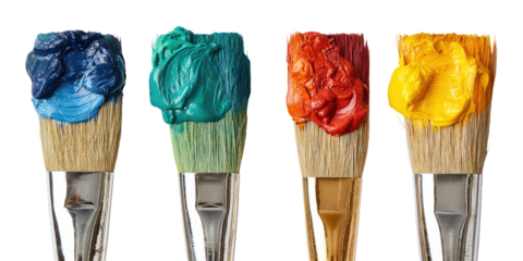 Four paintbrushes, loaded with vibrant acrylic or oil paints in shades of blue, teal, red, and yellow