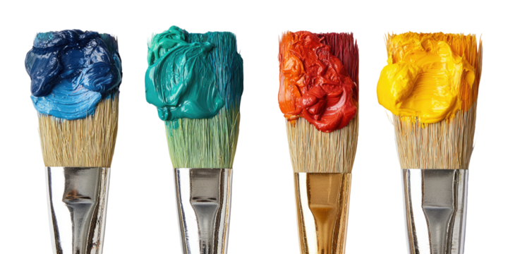 Four paintbrushes, loaded with vibrant acrylic or oil paints in shades of blue, teal, red, and yellow