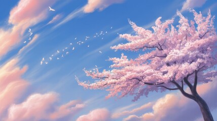 Ai generated image of a solitary cherry blossom tree with delicate pink flowers sways in the wind against a vibrant blue sky with soft pink clouds, petals scattering like confetti