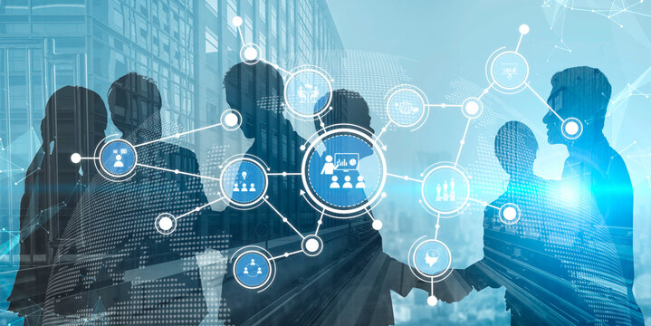 Silhouettes of professionals engage in a handshake amid a digital networking backdrop. The image represents business partnerships and modern collaboration in a corporate environment. Tessel