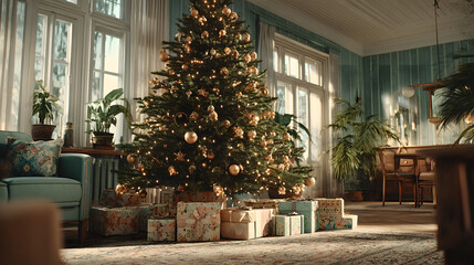 Christmas tree and gifts in a cozy green room.
