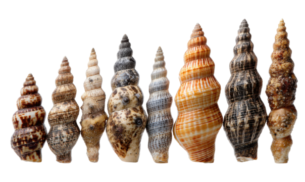 Row of seashells of varying sizes and patterns