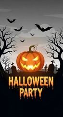 Spooky halloween party scene with jack-o-lantern gravestones and flying bats