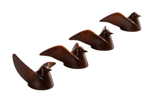 Multiple artisanal dark chocolate bonbons, abstract bird-like curves, cocoa dusted, on a pristine transparent background, soft studio lighting. Concept of sophisticated luxury