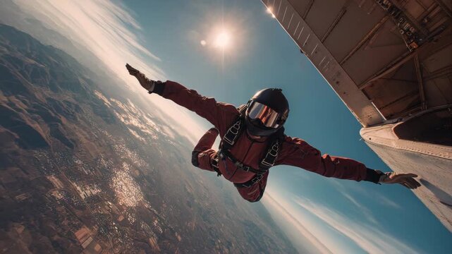 Exciting skydiving jump from an aircraft at sunset
