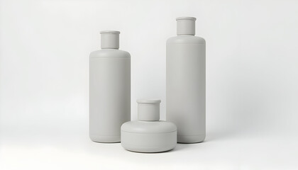 Three Minimalist Matte Gray Bottles of Varying Sizes and Shapes Arranged Against a Plain White Background