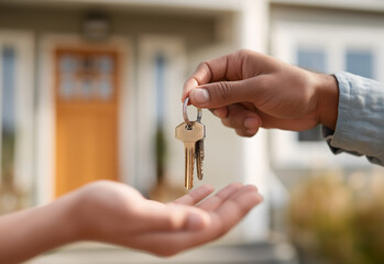 A close-up shot of two hands reaching out to give and take keys, with the background showing an open front door leading into a house
