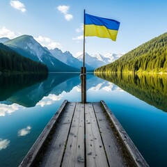 A tranquil lake scene, featuring a wooden dock, a Ukrainian flag waving over serene water, reflecting a mountainous landscape.