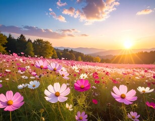 夕暮れのコスモス畑と広がる秋の空