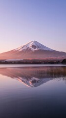 Ai generated image of majestic mount fuji reflected in a calm lake at sunrise, with snowcapped peak and soft pastel sky