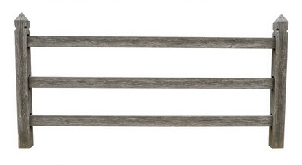 Rustic wooden fence with three horizontal rails isolated on white background