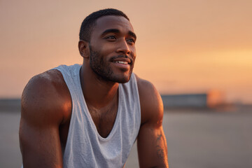 man sits on ground after intense workout sweat glistening on his face as he takes deep breath