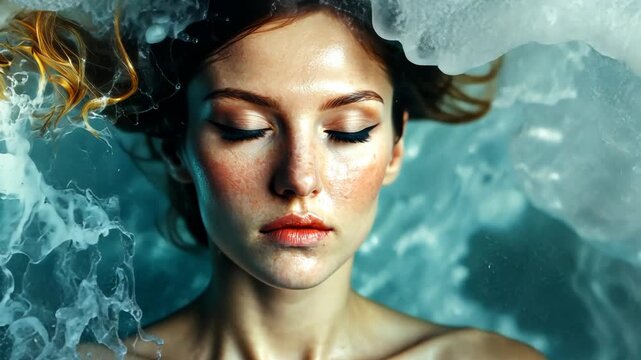 Portrait of a young woman in sea foam, spray and wave water