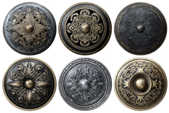 Six decorative round shields, ornate with embossed floral and scrollwork designs in various shades of gold, bronze, and gray.  Each shield features a central medallion