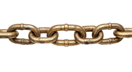 Obraz premium Close-up of a weathered metal chain. A heavy-duty chain, with links that show signs of age and use, runs horizontally across the image against a black background