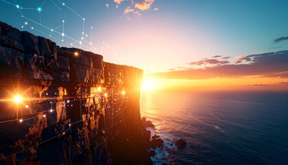 Coastal Cliff Edge at Sunset with Network Connection Overlay