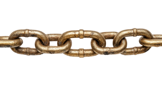 Close-up of a weathered metal chain.  A heavy-duty chain, with links that show signs of age and use, runs horizontally across the image against a black background