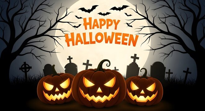 Spooky halloween pumpkins graveyard full moon bats scary trees happy halloween celebration night