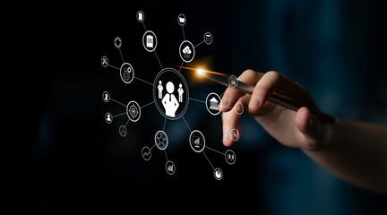 A concept of centralized business management and corporate strategy. A leadership team connecting to all functions like finance, operations, and planning. Motif