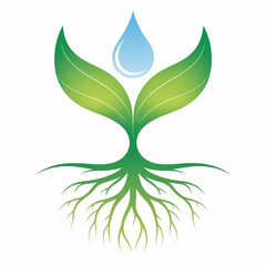 Vibrant green sprout with water drop thrives from strong roots symbolizing growth and nature's essential elements