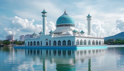 Obraz premium Kota Kinabalu City Mosque, Malaysia. White Islamic architecture with blue dome on water
