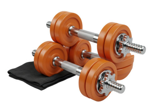 Two orange adjustable dumbbells, reflective handles, matte plates, with black fitness towel, on transparent background, professional studio shot. Concept for fitness equipment product advertising