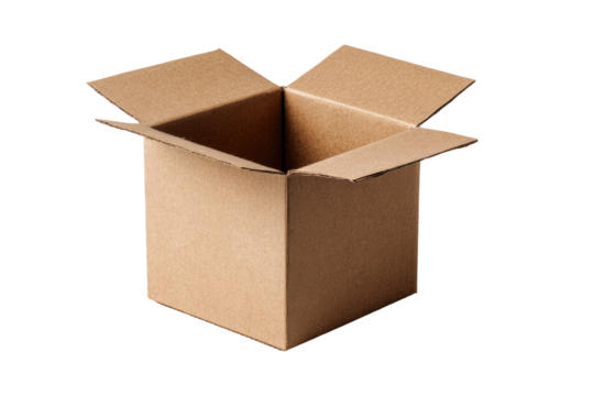 An open cardboard box.  Empty, light brown box with open top.  Simple, clean, neutral backdrop