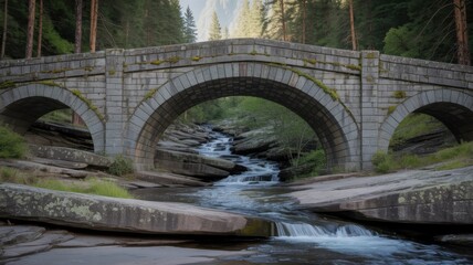 Fototapeta premium Ai generated image of an old stone bridge arches over a flowing river in a lush forest with tall trees and dappled sunlight filtering through the canopy
