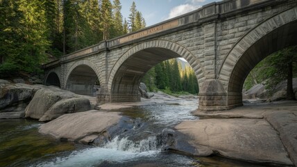 Ai generated image of an old stone bridge arches over a flowing river in a lush green forest with tall trees and large rocks