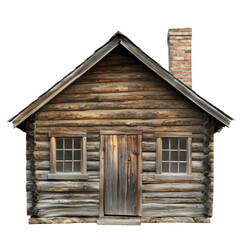 Naklejka premium Old wooden cabin, A rustic old wooden cabin surrounded by trees, showcasing weathered wood and a charming, traditional design, isolated on transparent background