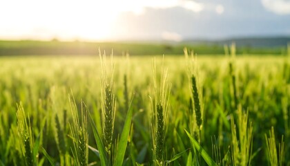 Lush green wheat field at golden sunset