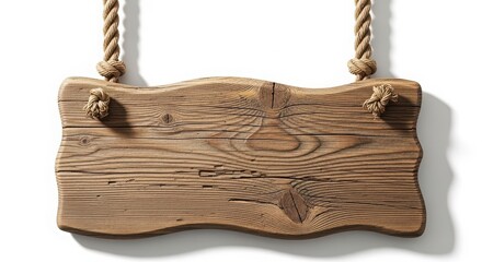 Rustic wooden sign hanging by rope isolated on white background