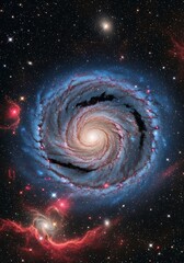 A swirling spiral galaxy, vibrant with hues of blue, red, and beige, is central to a vast expanse of deep space, dotted with countless stars.