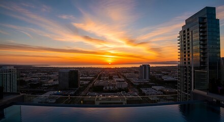 Vibrant Sunset Over a Modern City Skyline with Infinity Pool.