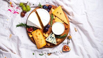 Flatlay of Assorted Cheeses with Fresh Herbs. Shavuot Jewish Festival. Generated Image