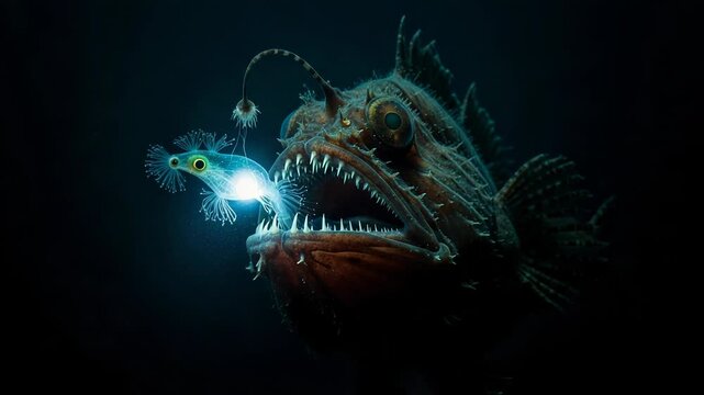 Dramatic view of an anglerfish using bioluminescent lure to attract prey in deep ocean waters