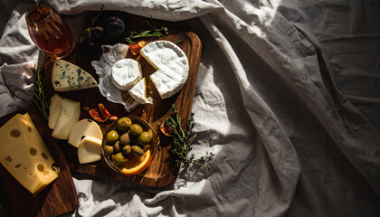 Flatlay of Assorted Cheeses with Fresh Herbs. Shavuot Jewish Festival. Generated Image