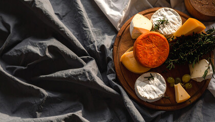 Flatlay of Assorted Cheeses with Fresh Herbs. Shavuot Jewish Festival. Generated Image