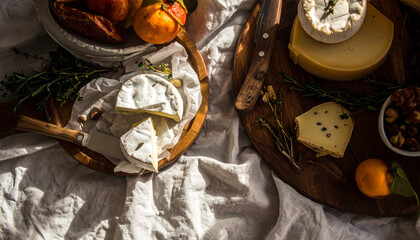 Flatlay of Assorted Cheeses with Fresh Herbs. Shavuot Jewish Festival. Generated Image