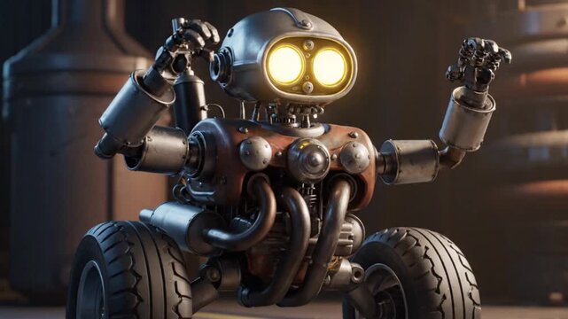 Steampunk robot with glowing eyes exploring industrial environment, futuristic concept