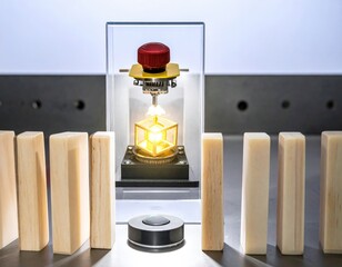 Illuminated Cuboid: A futuristic laboratory setup featuring a glowing cuboid at the heart of an experiment, precision engineering, and scientific discovery.