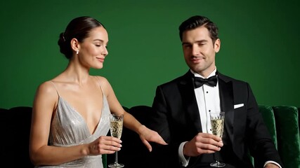 Elegant couple celebrating anniversary with champagne in luxurious setting, sparkling toast and romantic celebration, perfect for upscale party invitations