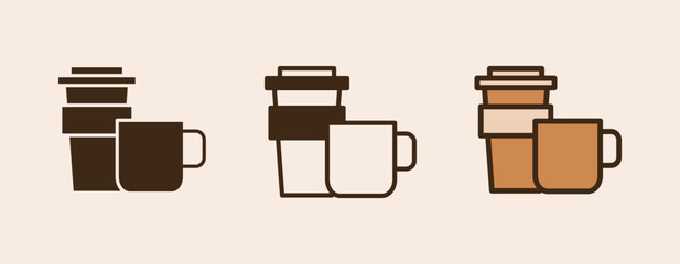 Icon Coffe take away and Glass with glyph, semi solid and flat icon types. Coffee shop equipment, Barista, Beverages concept,