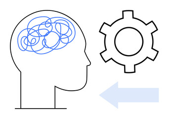 Silhouette of a head with tangled lines in the brain, a gear symbol, and an arrow representing problem-solving, innovation, creativity. Ideal for brainstorming, workflow, psychology, focus