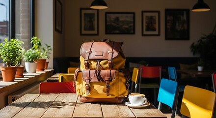 Vintage Backpack and Coffee Cup on Wooden Table in Cozy Cafe.