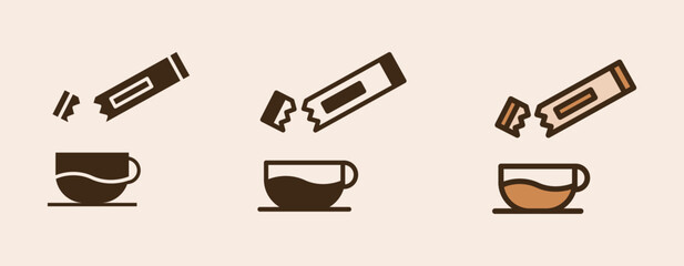 Icon Coffee Sachet or Instant Coffee with glyph, semi solid and flat icon types. Coffee shop equipment, Barista, Beverages concept,